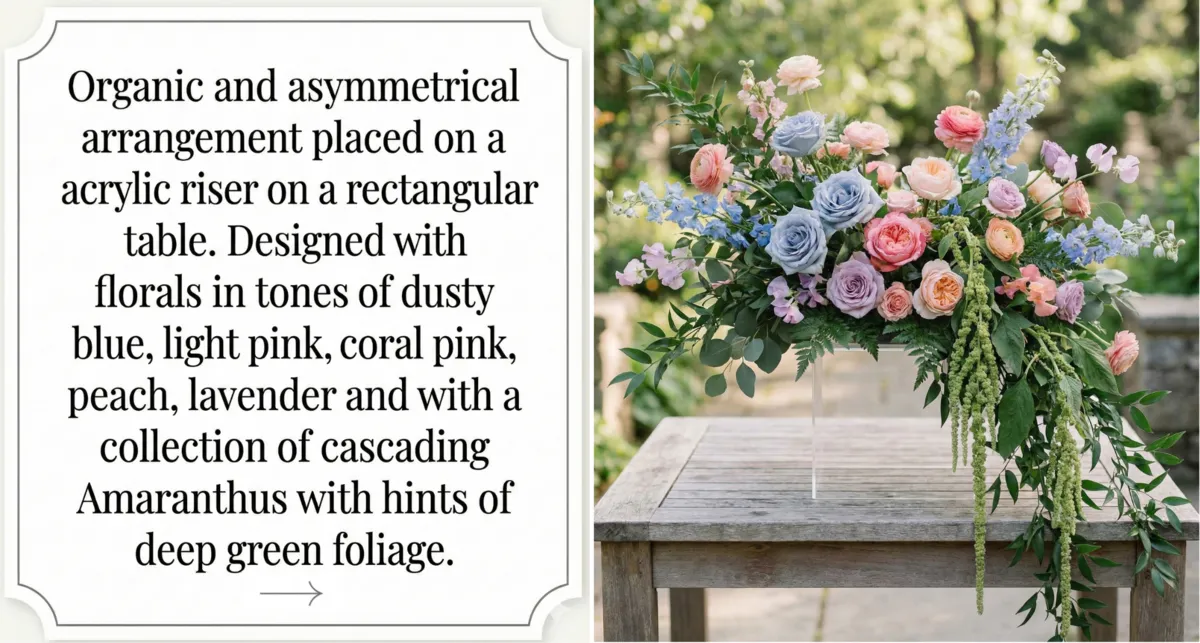 A text description of an organic floral arrangement alongside the photorealistic mockup it generated — dusty blue, coral pink, and cascading amaranthus on an acrylic riser