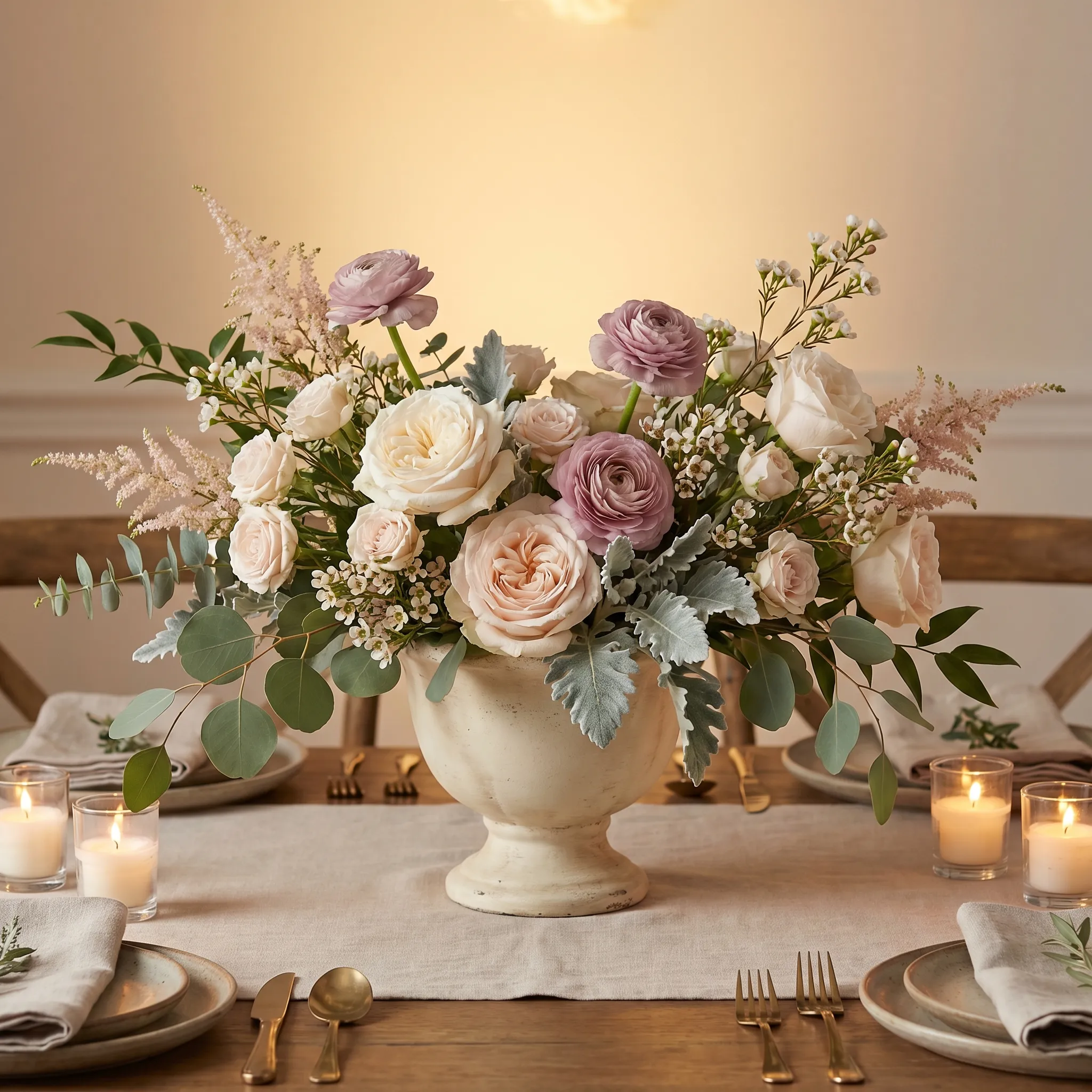 Elegant centerpiece with garden roses, ranunculus, astilbe, and eucalyptus in a cream urn surrounded by candles