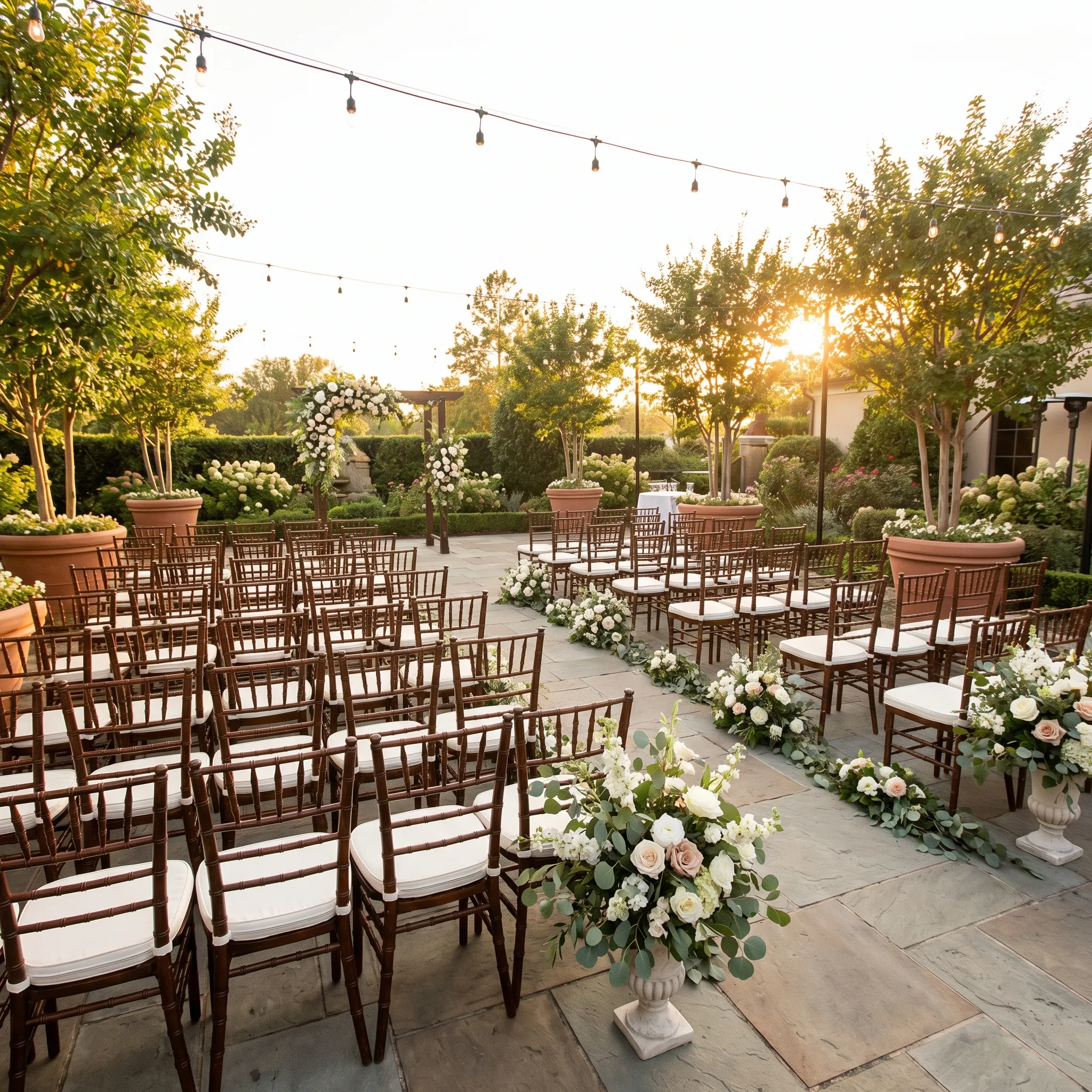 Outdoor ceremony setup with chiavari chairs, string lights, and floral aisle markers at golden hour