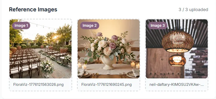 Scene Builder reference image upload showing three uploaded photos: a ceremony venue, a centerpiece arrangement, and ambient lighting
