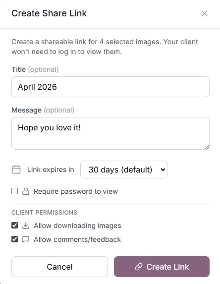 Create Share Link dialog showing title, message, expiration, password, and permission options