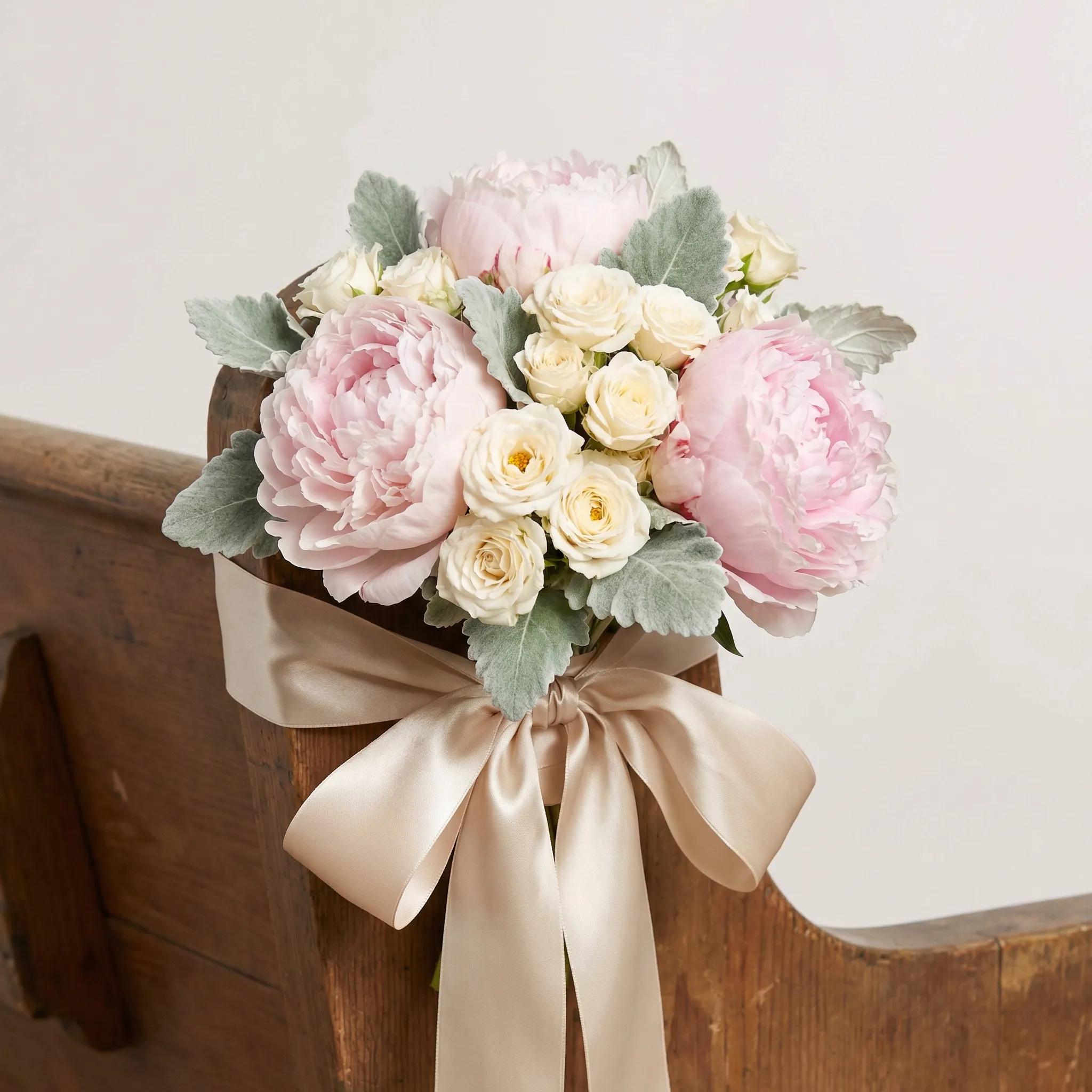 A romantic aisle marker of blush peonies, ivory spray roses, and dusty miller tied to a wooden pew with champagne silk ribbon, soft studio lighting