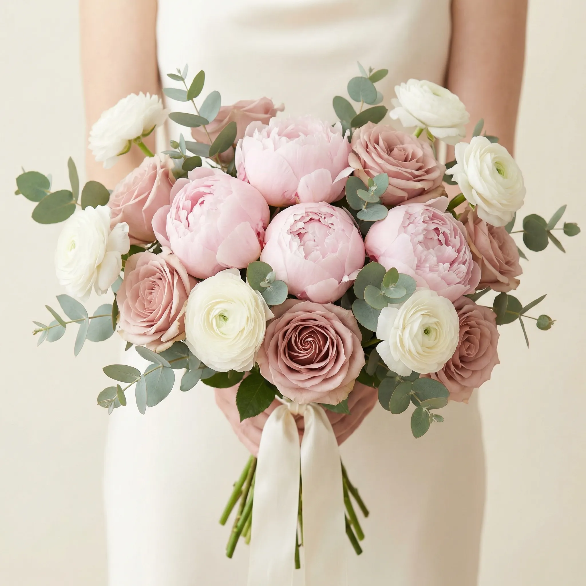 Romantic hand-tied bridal bouquet with blush peonies, white ranunculus, and dusty rose garden roses, soft studio lighting on ivory background