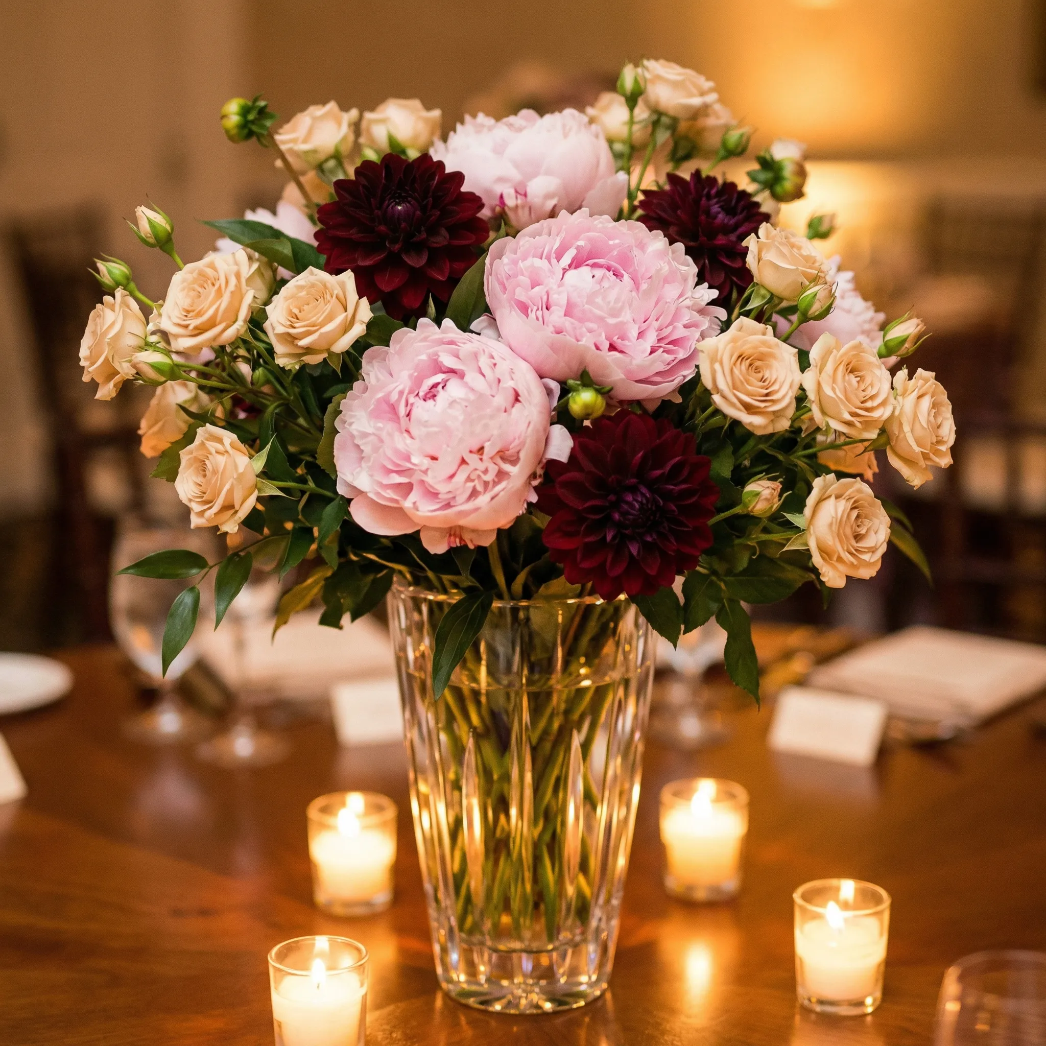 Romantic tall centerpiece with blush peonies, deep burgundy dahlias, and champagne spray roses in a crystal vase, warm candlelit ambiance