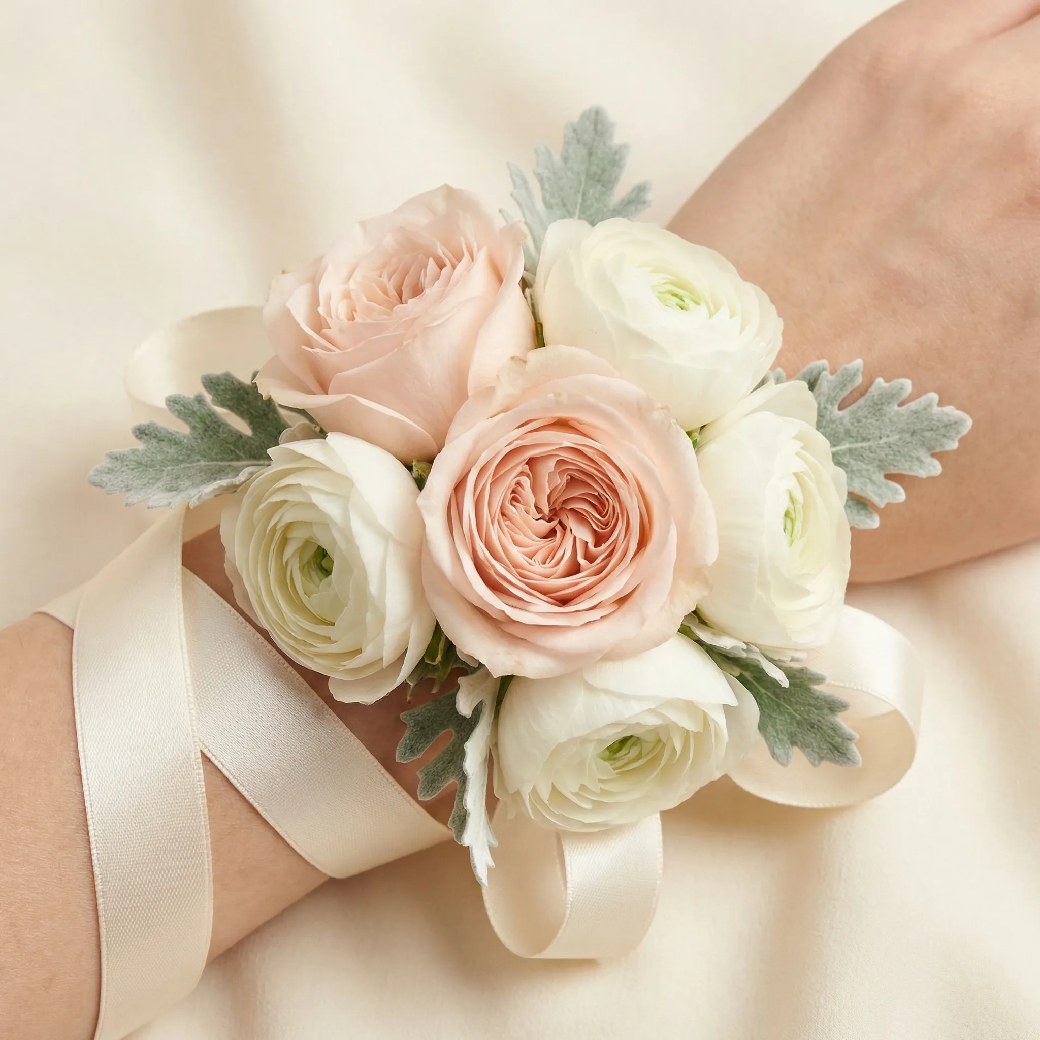 A romantic wrist corsage with blush garden roses, white ranunculus, and dusty miller on a satin ribbon, soft studio lighting