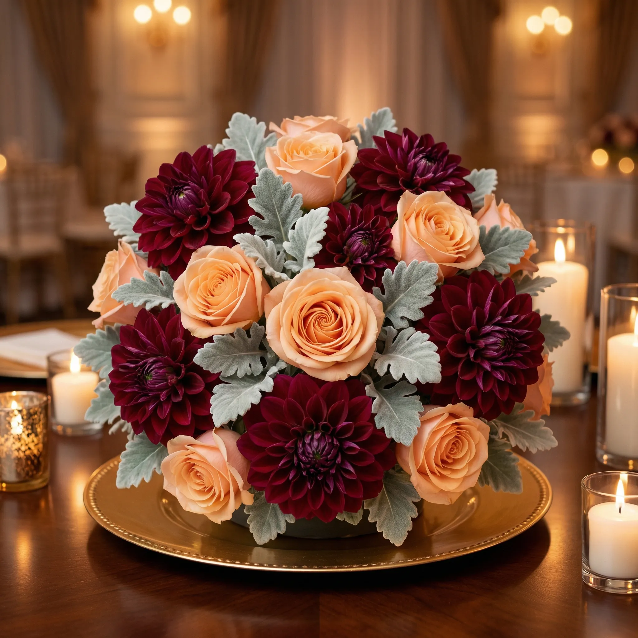 An elegant round centerpiece of burgundy dahlias, peach garden roses, and dusty miller on a gold-rimmed charger plate, candlelit ballroom setting