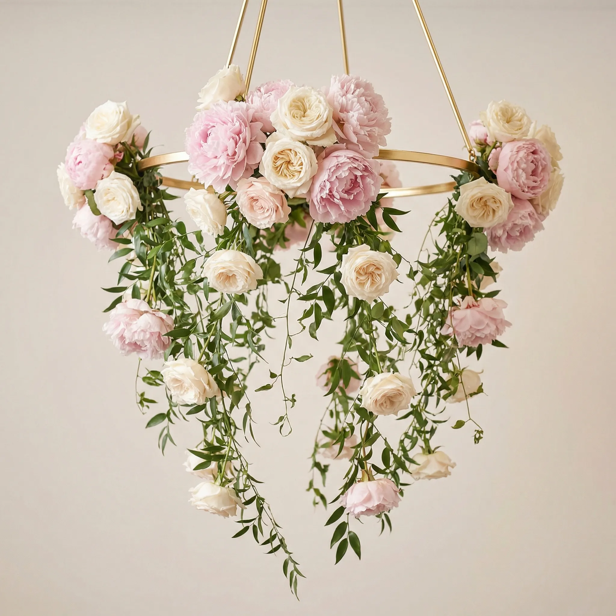 A romantic cascading floral chandelier with blush peonies, ivory garden roses, and trailing smilax greenery on a gold hoop frame, soft studio lighting